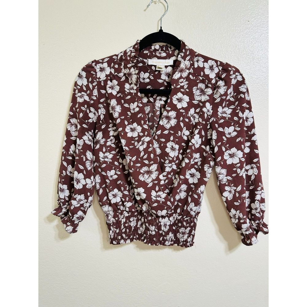 Monteau Los Angeles BOHO Wrap Crop Top Brown Floral Long Sleeve Blouse, Size S
